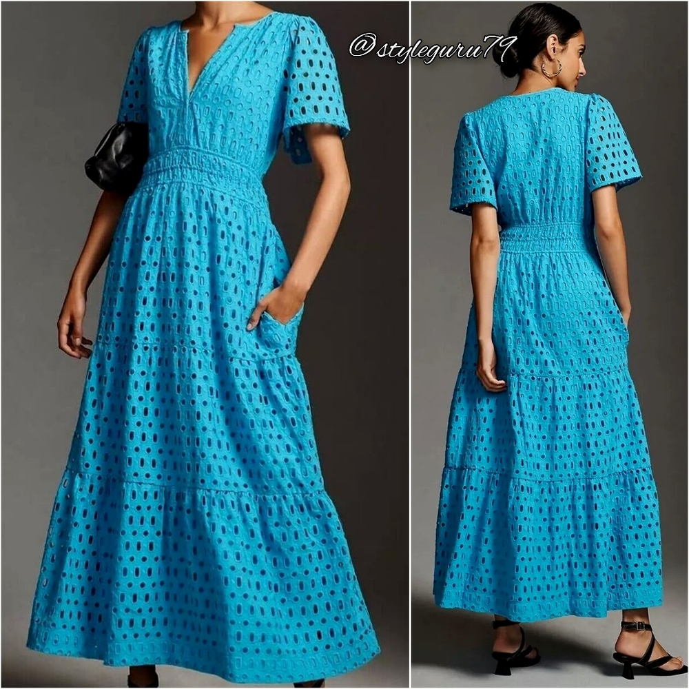 NWT, Anthropologie, Somerset Maxi Dress Eyelet Edition in Blue
